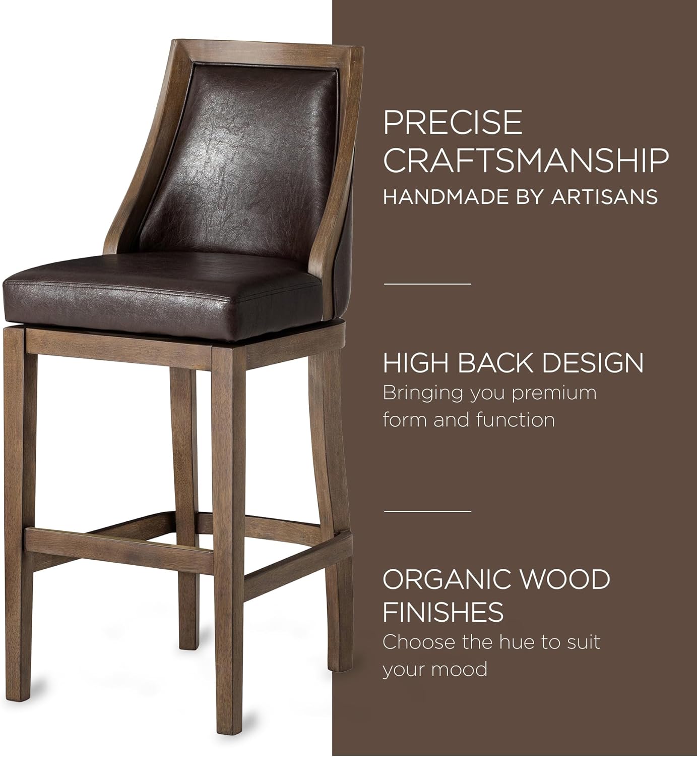 Vienna 31 Inch Tall Bar Height Rotating High Back Barstool In Walnut Finish With Marksman Vegan Leather Seat