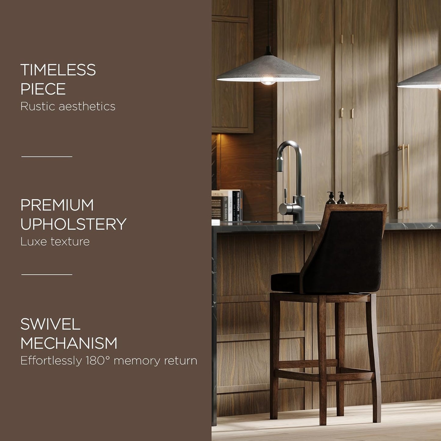Vienna 31 Inch Tall Bar Height Rotating High Back Barstool In Walnut Finish With Marksman Vegan Leather Seat