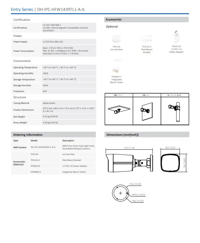 Dahua IP Camera 4MP IPC-HFW1439TL1-A-IL Smart Dual Light Bullet Network Camera POE Built-in Mic Human Detect Video Surveillance