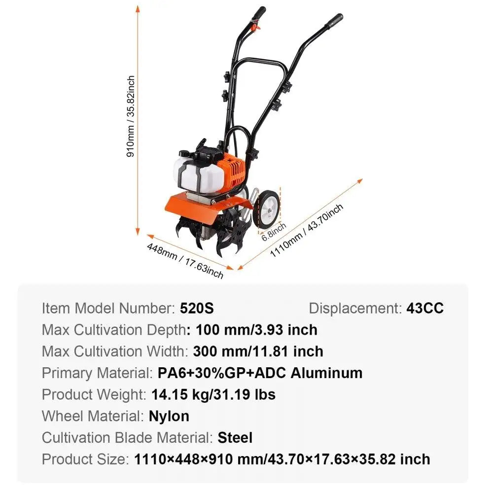 Power 2-Stroke Adjustable Tines Tiller Cultivator for Garden for lawn Field Cultivation