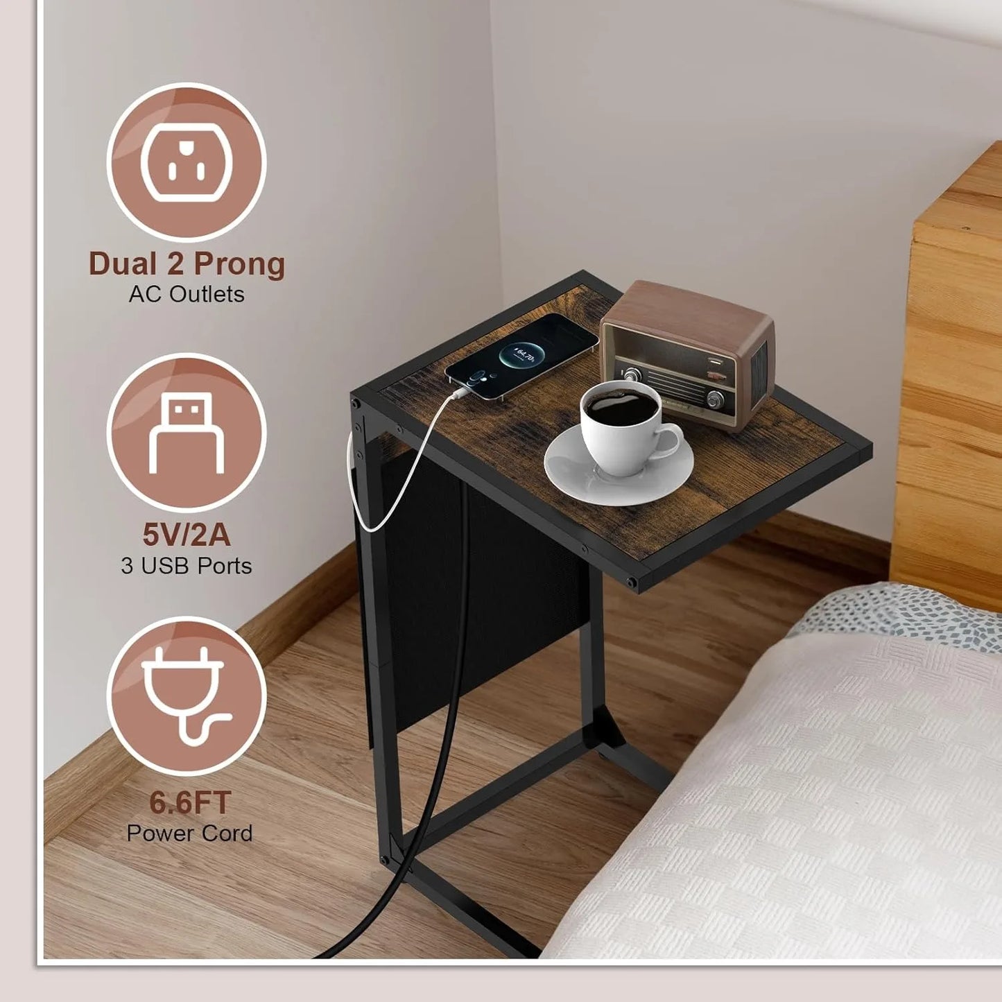 Brown C-Shaped End Table w/Charging+Storage, 2PC Metal Frame Set for Living/Bedroom, Space-Saving Multi-Use