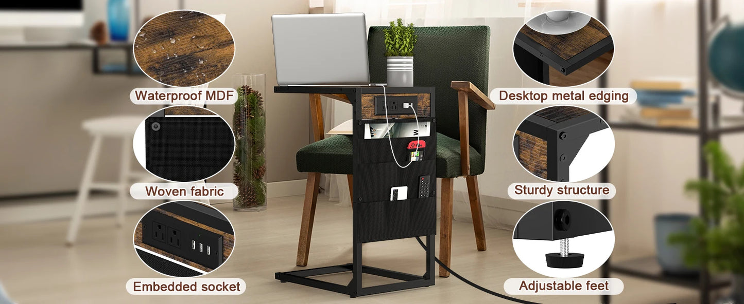 Brown C-Shaped End Table w/Charging+Storage, 2PC Metal Frame Set for Living/Bedroom, Space-Saving Multi-Use
