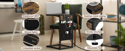 Brown C-Shaped End Table w/Charging+Storage, 2PC Metal Frame Set for Living/Bedroom, Space-Saving Multi-Use
