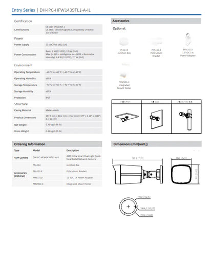 Dahua IP Camera 4MP IPC-HFW1439TL1-A-IL Smart Dual Light Bullet Network Camera POE Built-in Mic Human Detect Video Surveillance