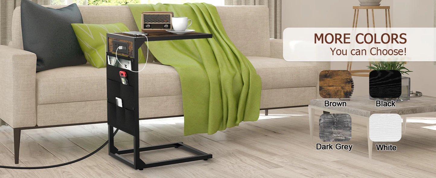 Brown C-Shaped End Table w/Charging+Storage, 2PC Metal Frame Set for Living/Bedroom, Space-Saving Multi-Use