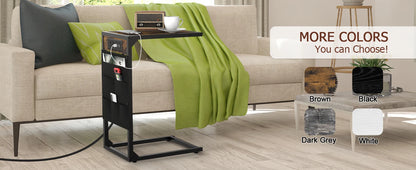 Brown C-Shaped End Table w/Charging+Storage, 2PC Metal Frame Set for Living/Bedroom, Space-Saving Multi-Use