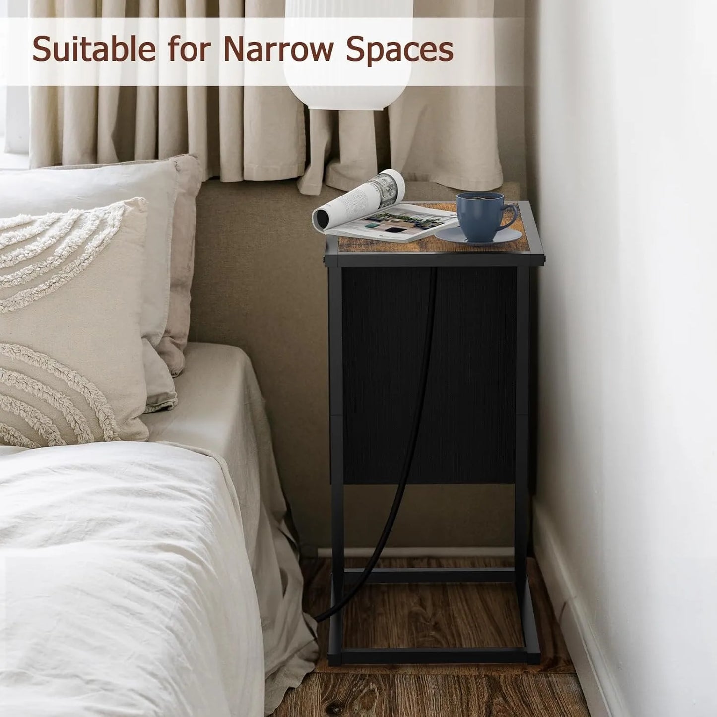 Brown C-Shaped End Table w/Charging+Storage, 2PC Metal Frame Set for Living/Bedroom, Space-Saving Multi-Use