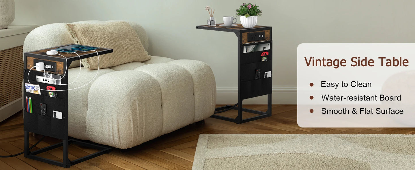 Brown C-Shaped End Table w/Charging+Storage, 2PC Metal Frame Set for Living/Bedroom, Space-Saving Multi-Use
