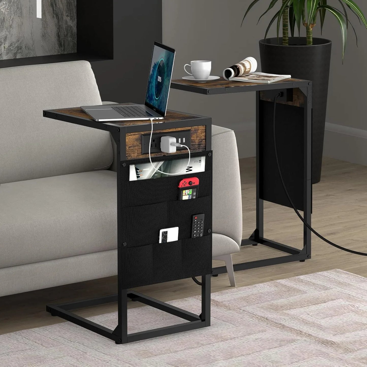 Brown C-Shaped End Table w/Charging+Storage, 2PC Metal Frame Set for Living/Bedroom, Space-Saving Multi-Use
