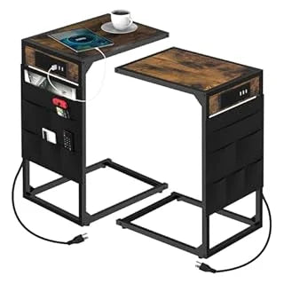 Brown C-Shaped End Table w/Charging+Storage, 2PC Metal Frame Set for Living/Bedroom, Space-Saving Multi-Use