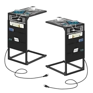 Brown C-Shaped End Table w/Charging+Storage, 2PC Metal Frame Set for Living/Bedroom, Space-Saving Multi-Use