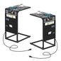 Brown C-Shaped End Table w/Charging+Storage, 2PC Metal Frame Set for Living/Bedroom, Space-Saving Multi-Use