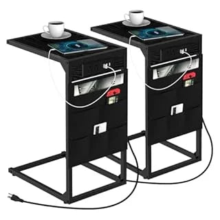 Brown C-Shaped End Table w/Charging+Storage, 2PC Metal Frame Set for Living/Bedroom, Space-Saving Multi-Use