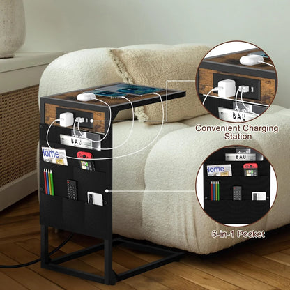 Brown C-Shaped End Table w/Charging+Storage, 2PC Metal Frame Set for Living/Bedroom, Space-Saving Multi-Use