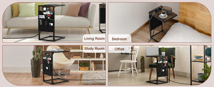 Brown C-Shaped End Table w/Charging+Storage, 2PC Metal Frame Set for Living/Bedroom, Space-Saving Multi-Use
