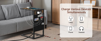Brown C-Shaped End Table w/Charging+Storage, 2PC Metal Frame Set for Living/Bedroom, Space-Saving Multi-Use