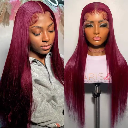 99j Burgundy 36 Inches Straight Wig 200 Density 13x6 HD Transparent Lace Frontal Human Hair Wigs For Women