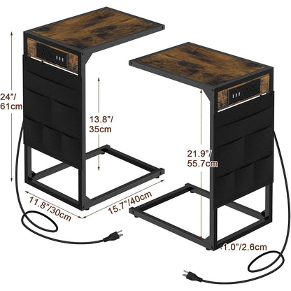 Brown C-Shaped End Table w/Charging+Storage, 2PC Metal Frame Set for Living/Bedroom, Space-Saving Multi-Use