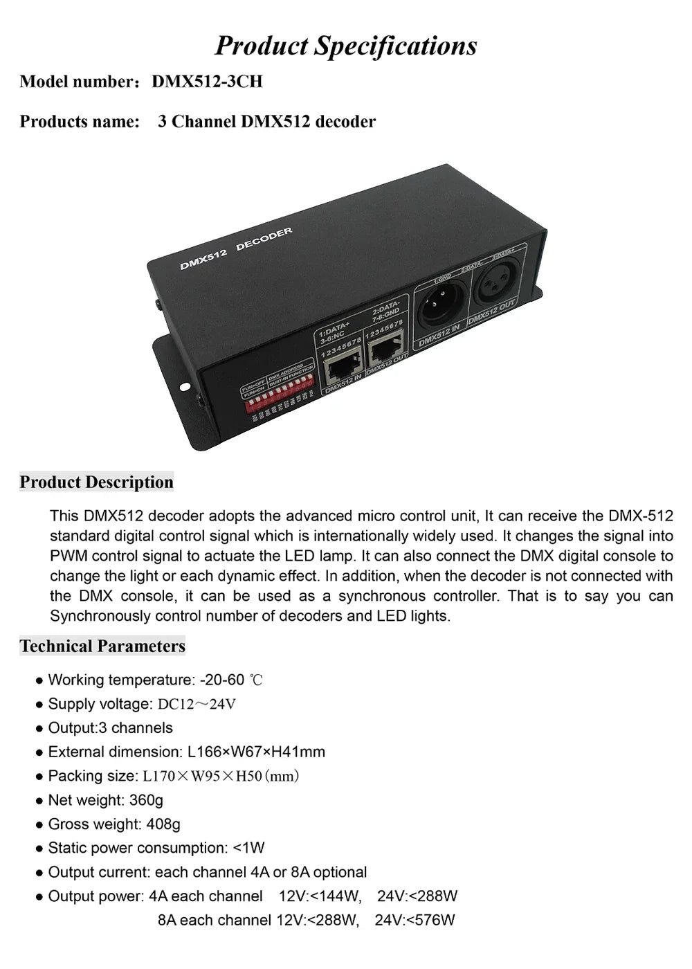 LED RGB RGBW DMX 512 Decoder 8A 3CH 4CH DMX512 Controller LED DMX512 Decoder For LED Light Strips