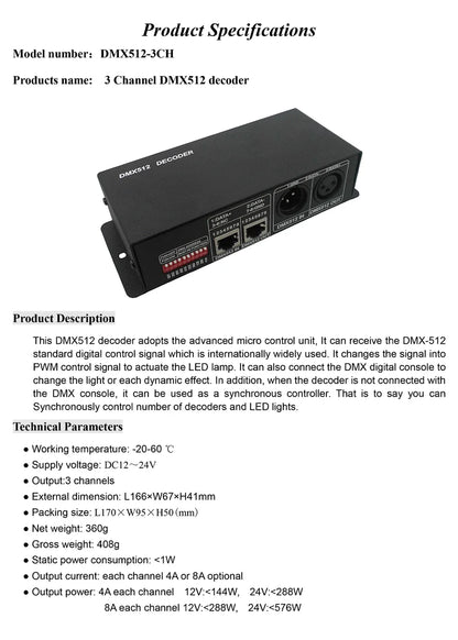 LED RGB RGBW DMX 512 Decoder 8A 3CH 4CH DMX512 Controller LED DMX512 Decoder For LED Light Strips